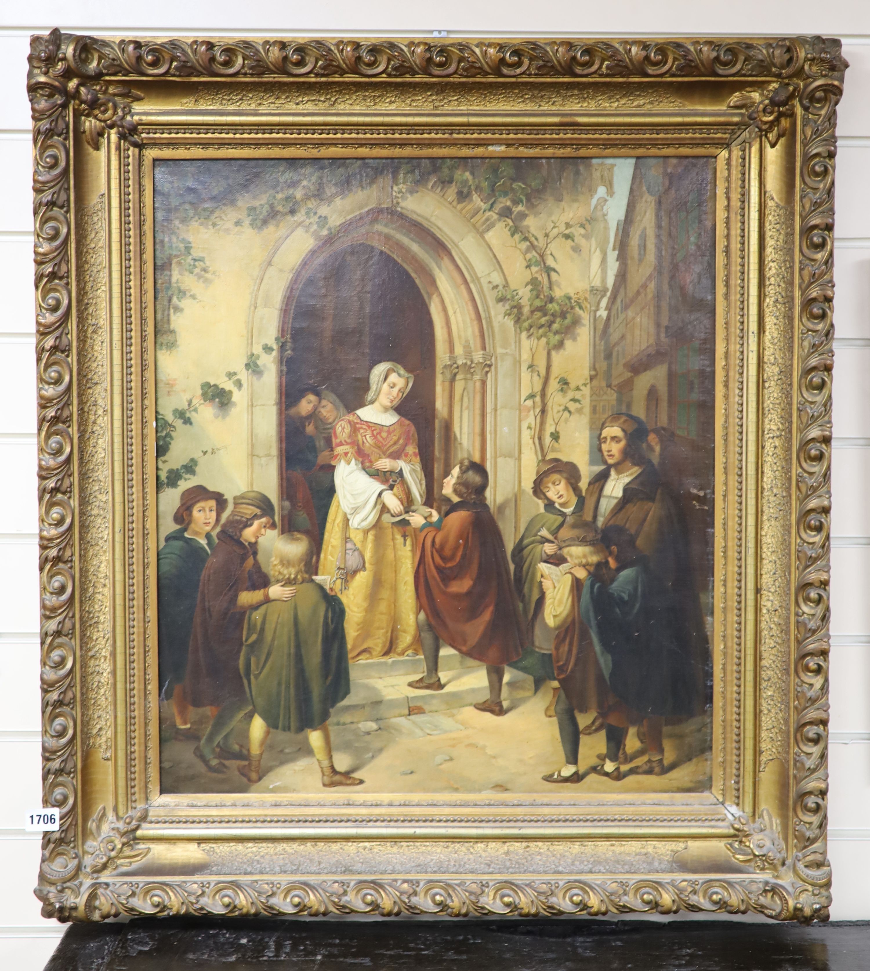 19th century German School, Lady giving alms at a church door, Oil on canvas, 63 x 55cm.